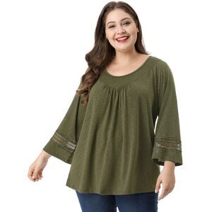Women's Plus Size Crochet Panel Kimono Raglan Sleeves Tops Green